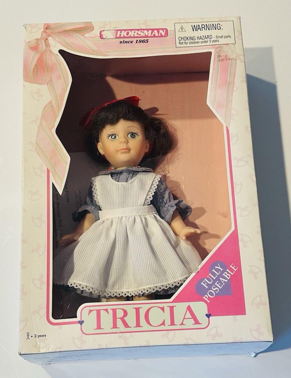 Vintage 1997 Horsman Tricia Girls Doll 12" Blue Pinstripe Dress Red Bow NIB NEW